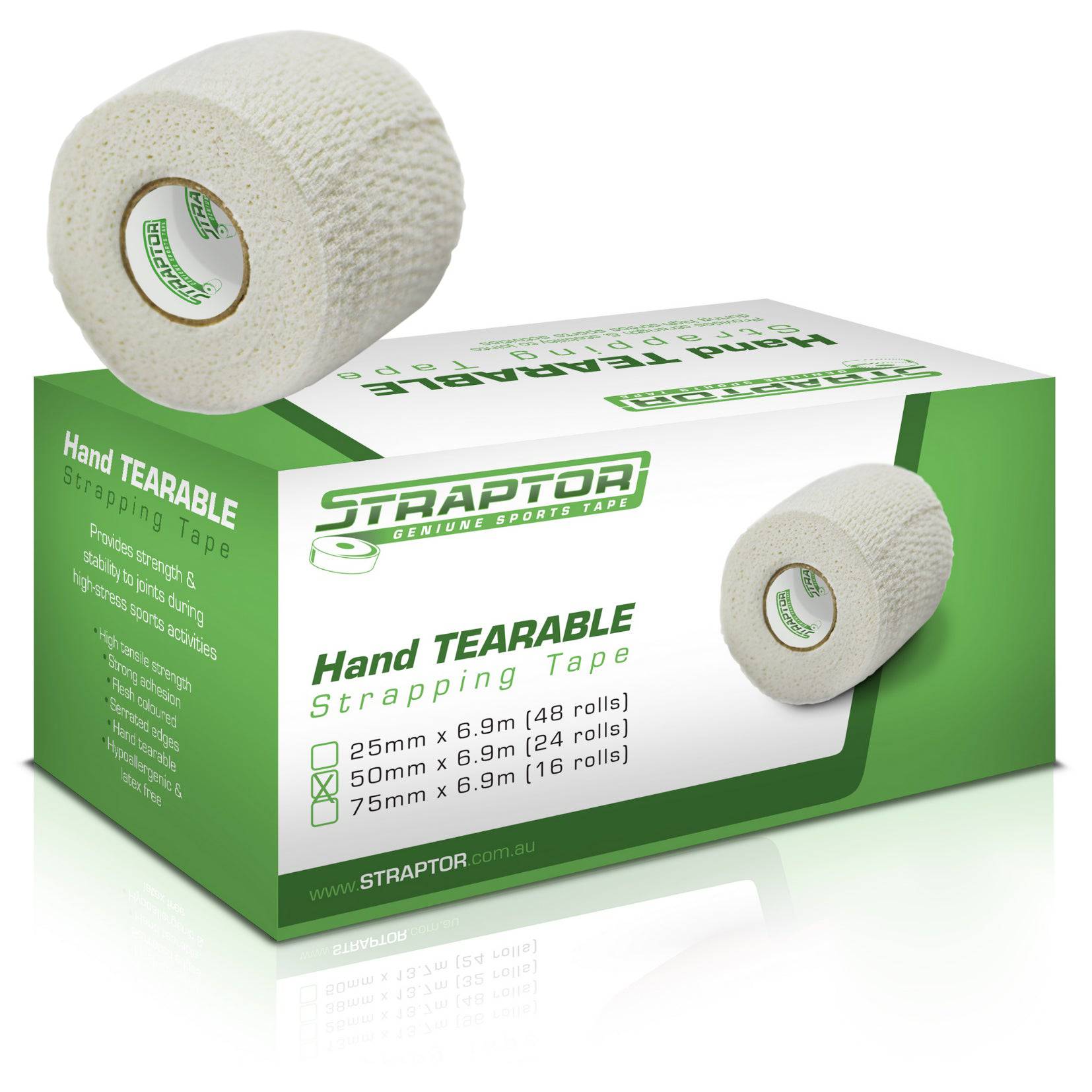 Hand Tearable Stretch Tape White 50mm x 6.9m - Straptor (24) - First Aid Distributions